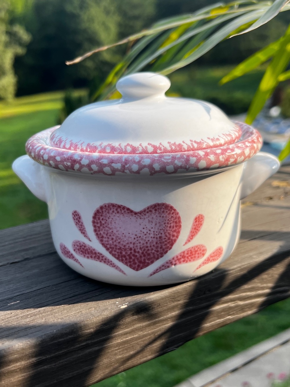 Pink Heart Lidded Ceramic Crock Sugar Bowl Trinket Jar Farmhouse Decor
